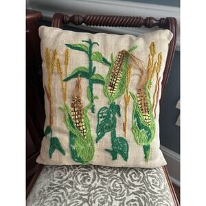 Handsewn Crewel Embroidered Corn Pillow Feed Sack Pillow Cover 15" x 17"